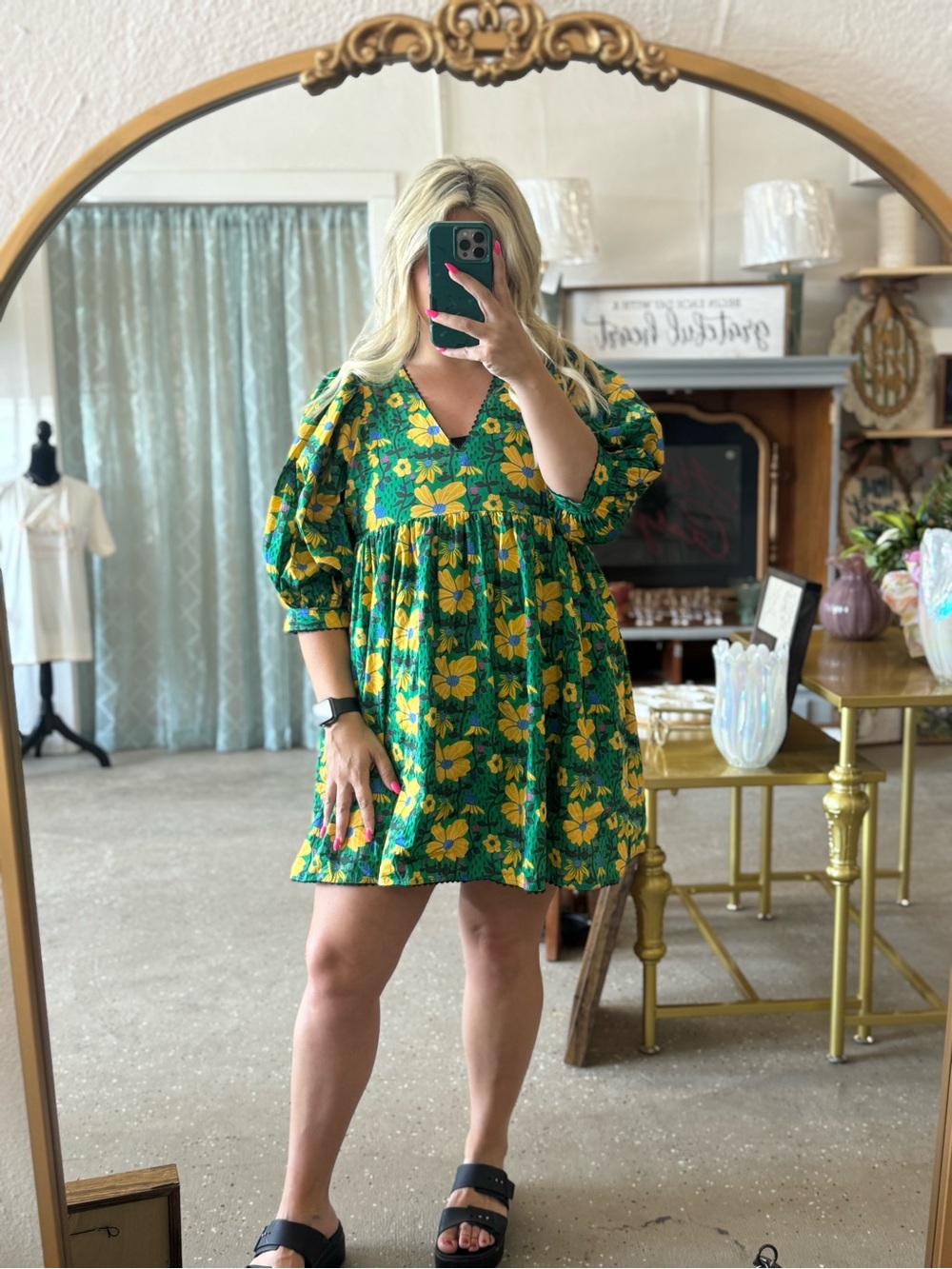 Green and Yellow Floral Puff Sleeve Mini Dress Gigio